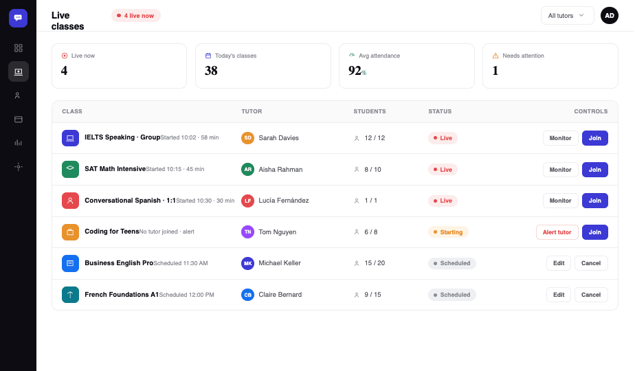 Admin live classes control